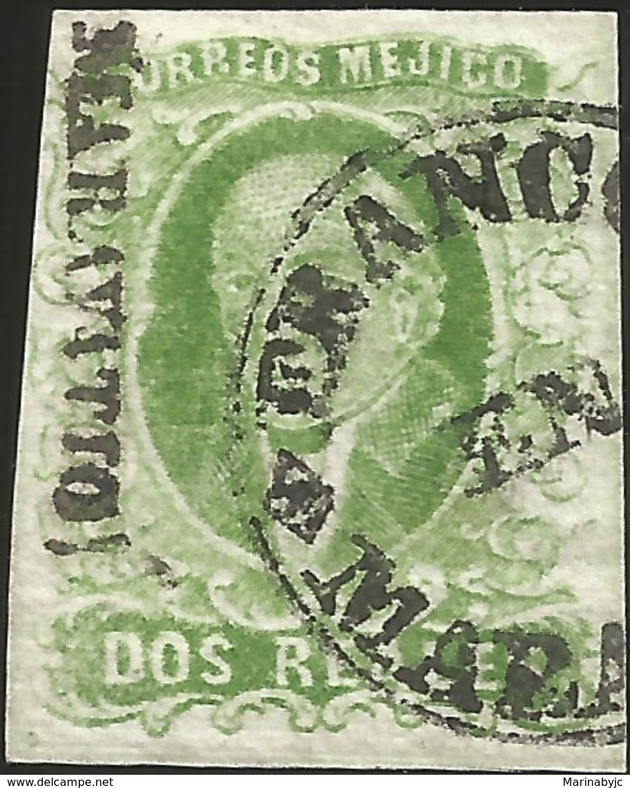 J) 1856 MEXICO, HIDALGO, 2 REALES GREEN, MARAVATIO DISTRICT, CIRCULAR CANCELLATION, MN - Mexico