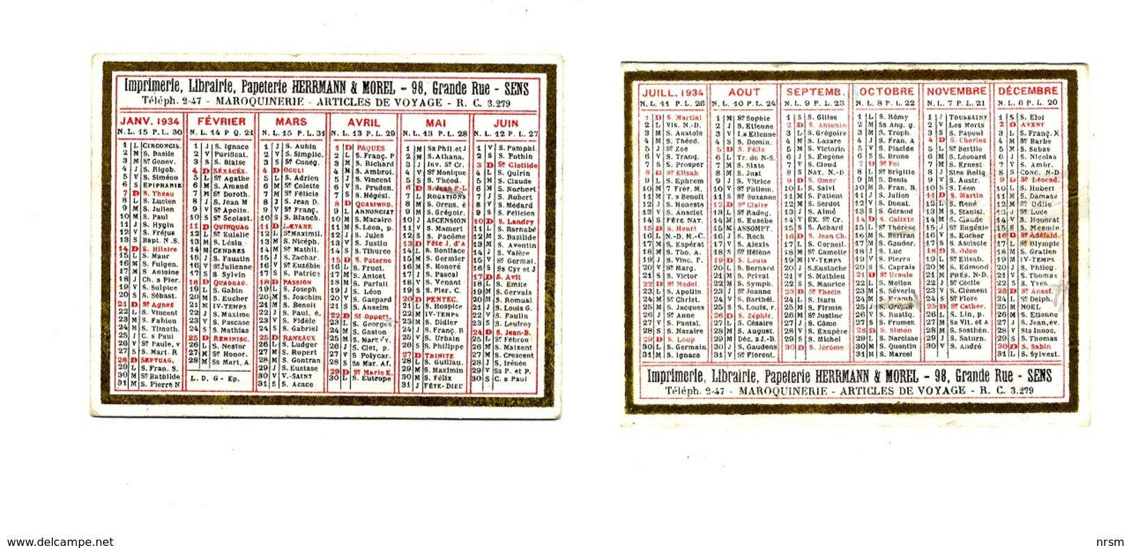 Calendrier 1934 - Librairie, Imprimerie Herrman N & Morel à SENS (Yonne) - Klein Formaat: 1921-40