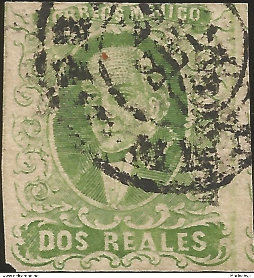 J) 1856 MEXICO, HIDALGO, 2 REALES GREEN, MEXICO DISTRICT, PLATE III, DISCOLORED AFTER PRINTING, MN - Mexico