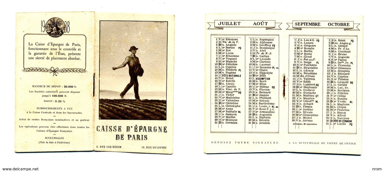 Calendrier 1938 - Caisse D'Epargne De Paris - Petit Format : 1921-40