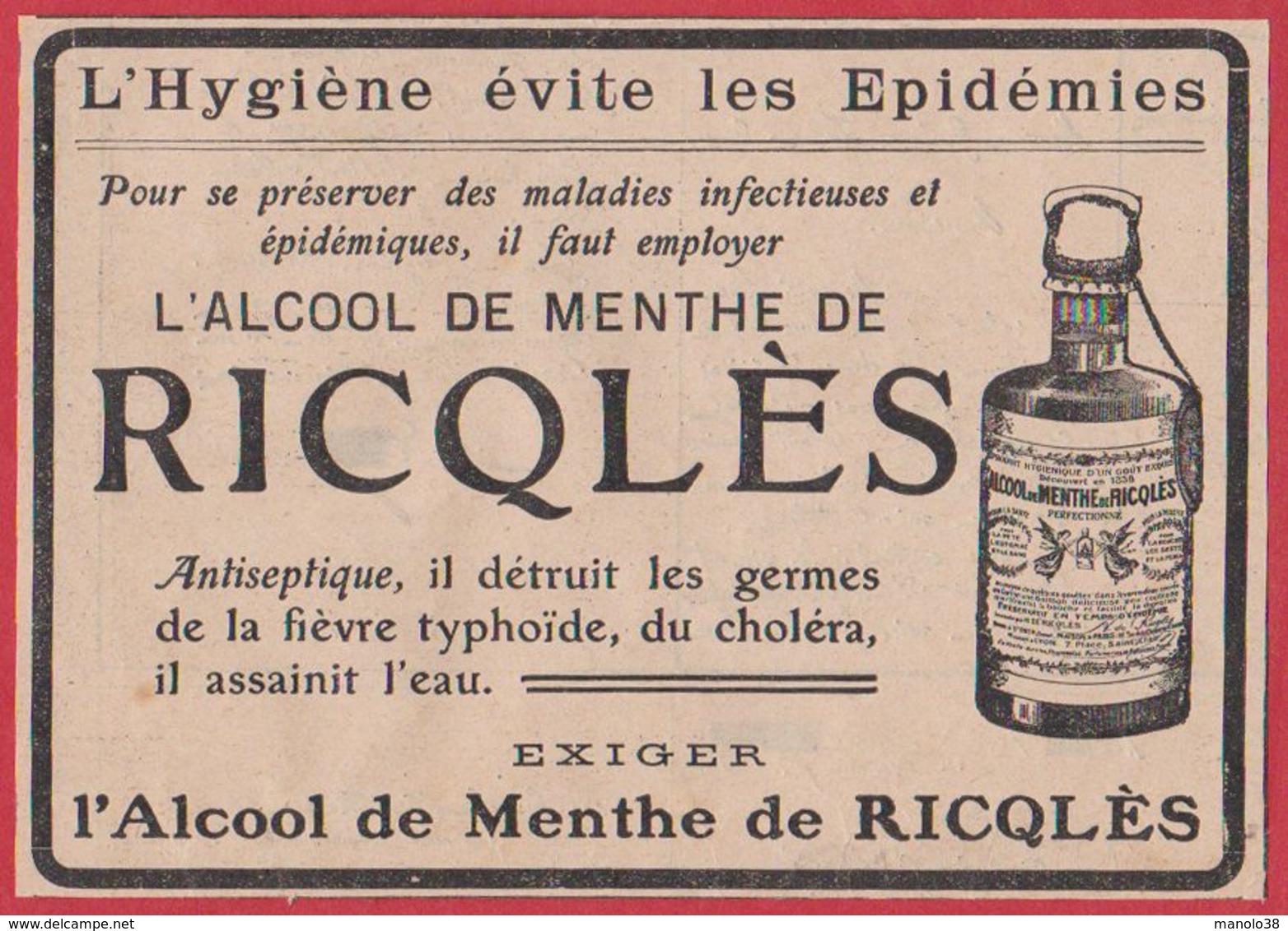 Ricqlès. L'hygiène évite Les épidémies. Antiseptique, Il Détruit Les Germes De La Fièvre Typhoïde, Du Choléra... 1910. - Publicités