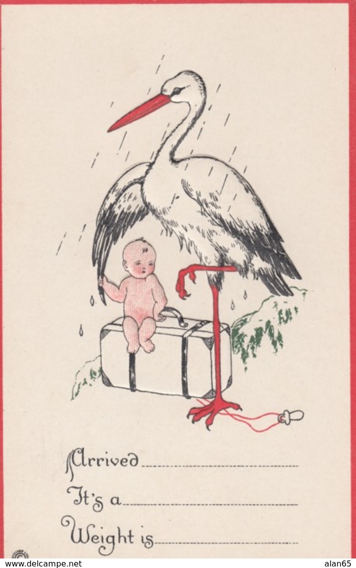 Birth Announcement Stork With Baby And Suitcase C1900s/10s Vintage Embossed Postcard - Nascite