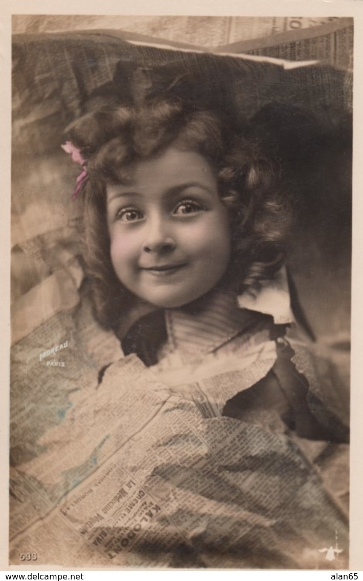 Beautiful Girl Smiles Through Newspaper Theme France, C1900s Vintage Real Photo Postcard - Fotografie