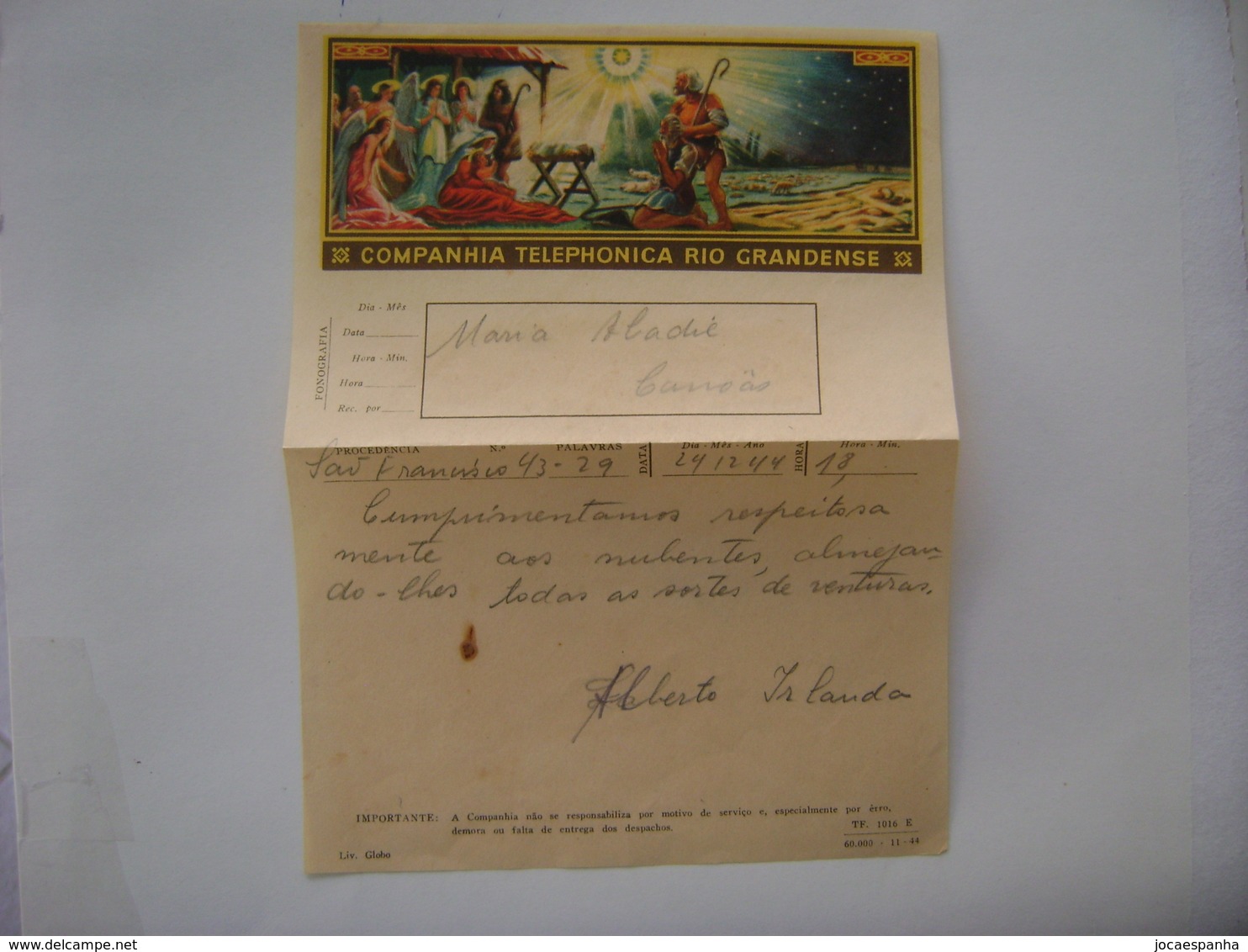 ENVELOPE WITH THE MESSAGE FROM "TELEPHONICA COMPANY RIO GRANDENSE (BRAZIL) IN 1944 IN THE STATE - Neujahr