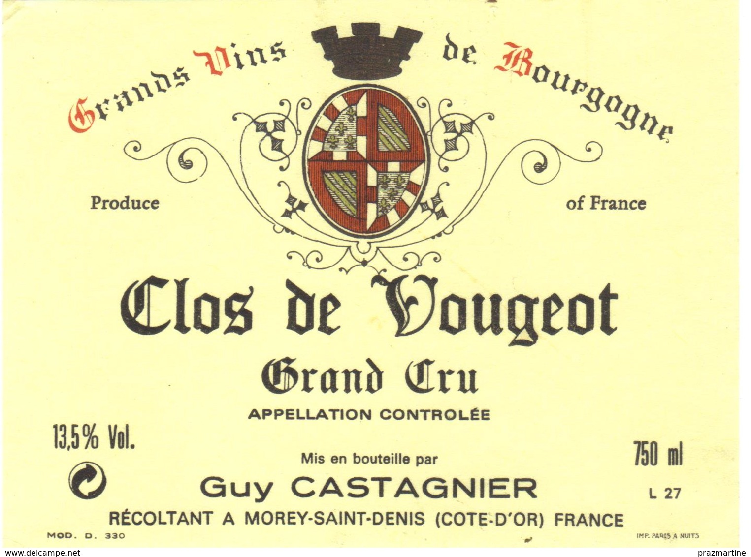 Etiquette Clos De Vougeot - Domaine Catagnier - Morey Saint Denis - Cote D'Or - 21 - Bourgogne