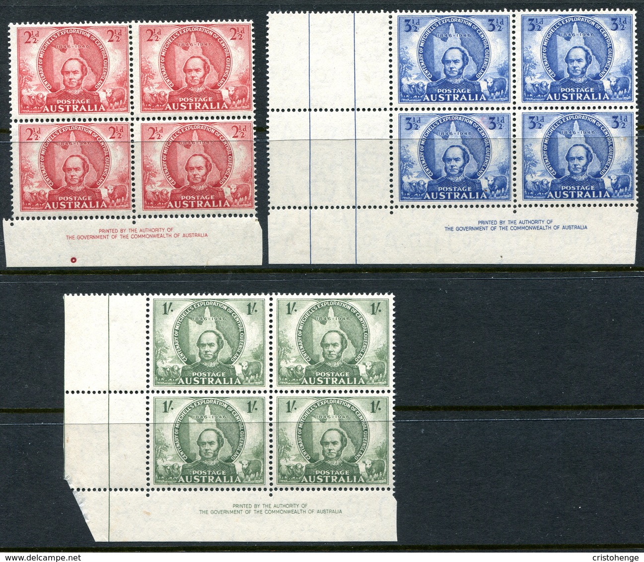 Australia 1946 Centenary Of Mitchell's Exploration Of Central Queensland Imprint Blocks Set HM (SG 216-218) - Mint Stamps