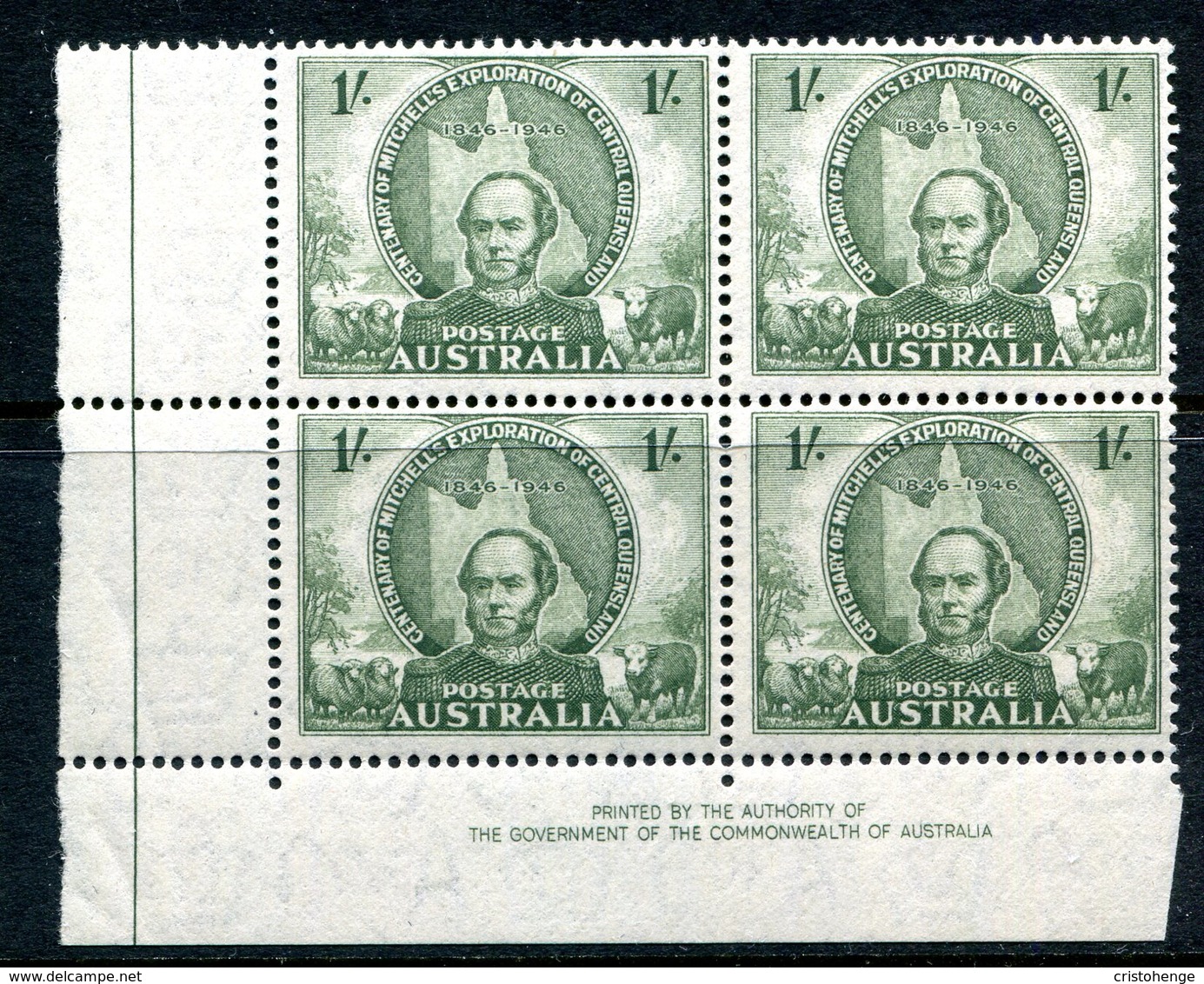 Australia 1946 Centenary Of Mitchell's Exploration Of Central Queensland - 1/- Green Imprint Block MNH (SG 218) - Neufs