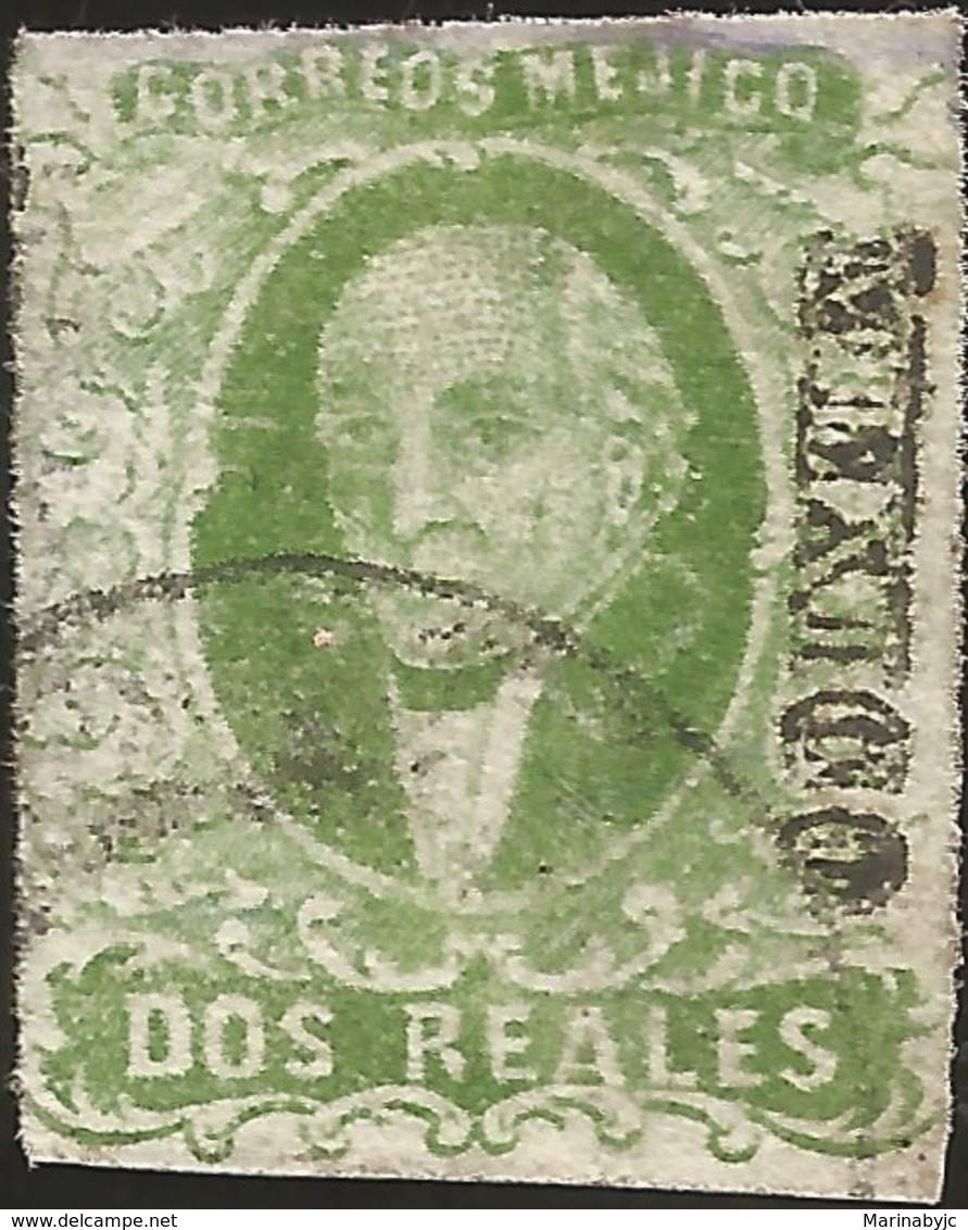 J) 1856 MEXICO, HIDALGO, 2 REALES BLUE GREEN, DRY PRINT, DISTRICT MEXICO, CIRCULAR CANCELLATION, MN - Mexico