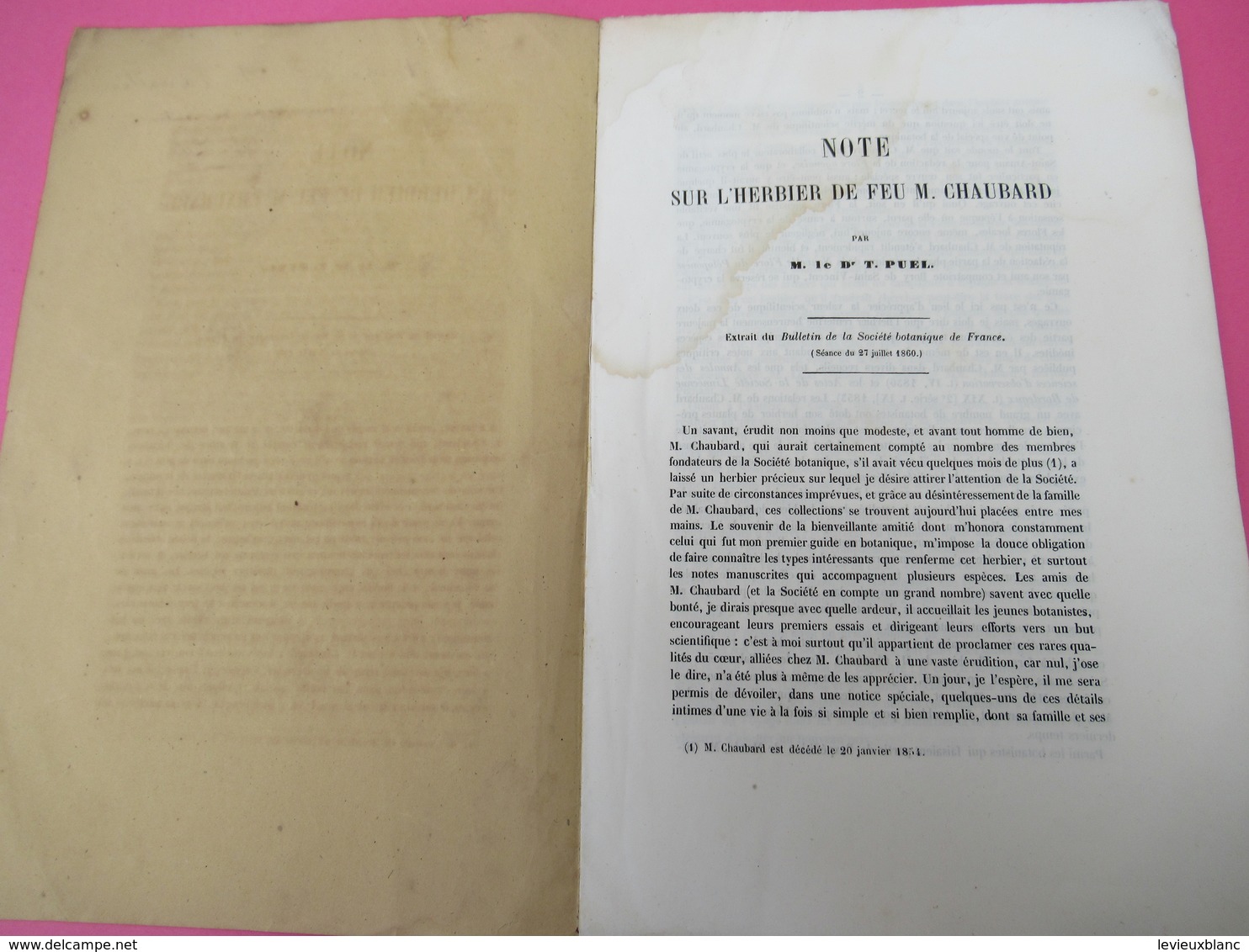 Notice/Botanique/Note Sur L'herbier De Feu M CHAUBARD/Dr PUEL/Dédicace à Alphonse LAVALLEE/Martinet/Agen/1860 MDP83 - Signierte Bücher