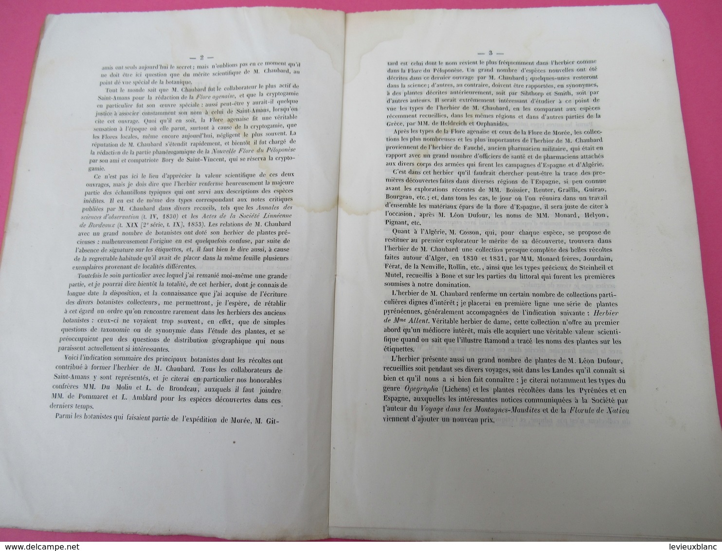 Notice/Botanique/Note Sur L'herbier De Feu M CHAUBARD/Dr PUEL/Dédicace à Alphonse LAVALLEE/Martinet/Agen/1860 MDP83 - Gesigneerde Boeken