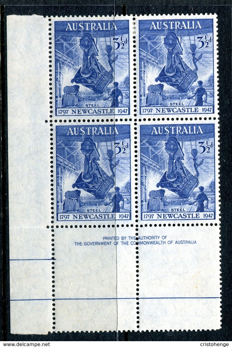 Australia 1947 150th Anniversary Of Newcastle, NSW - 3½d Blue Imprint Block HM (SG 220) - Mint Stamps