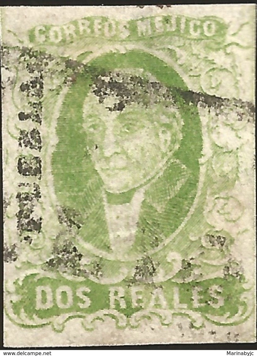 J) 1856 MEXICO, HIDALGO, 2 REALES GREEN, PUEBLA DISTRICT, FULL MARGINS, MN - Mexico