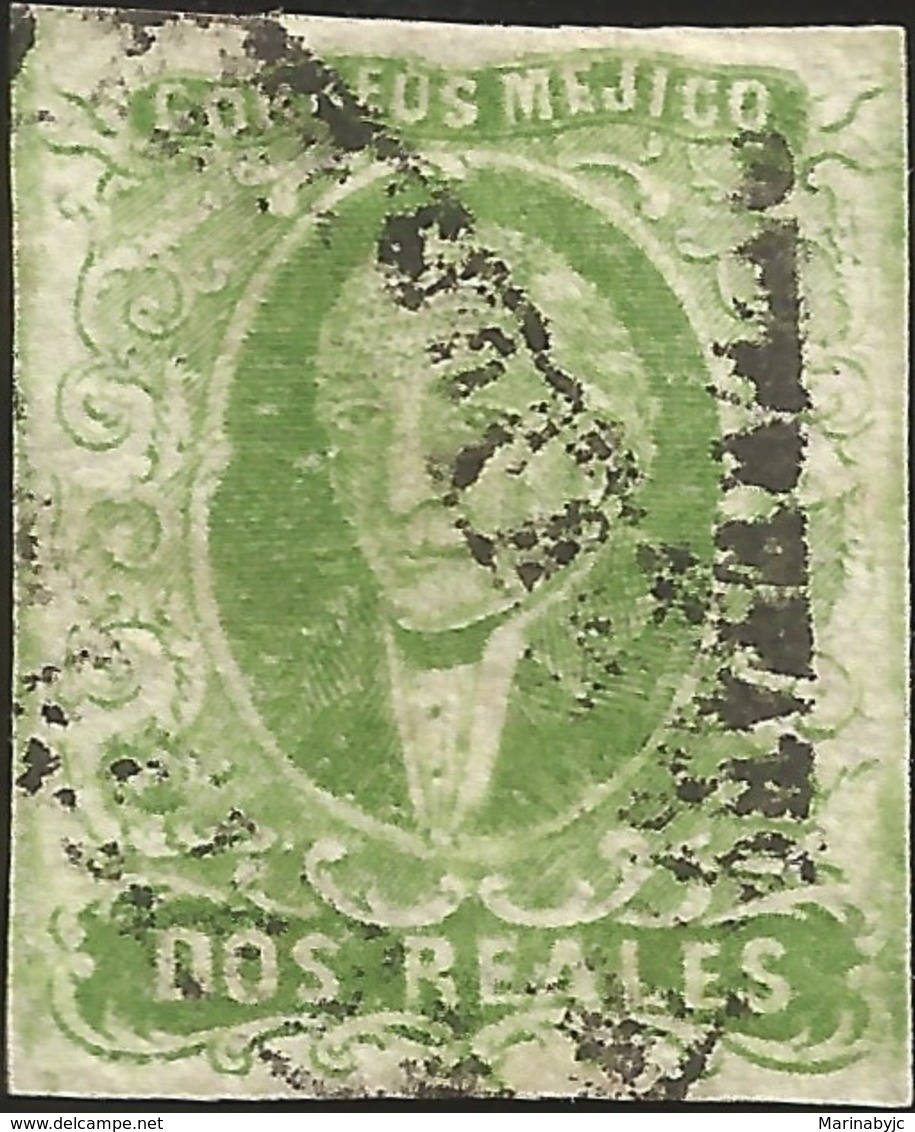 J) 1856 MEXICO, HIDALGO, 2 REALES GREEN, QUERETARO DISTRICT, CELAYA CANCELLATION, MN - Mexico