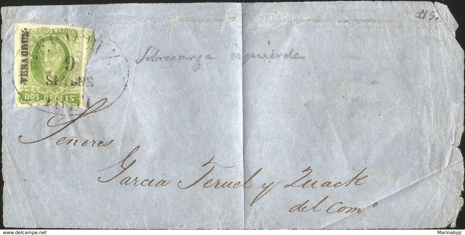 J) 1856 MEXICO, FRONT OF LETTER, HIDALGO, 2 REALES YELLOW GREEN, VERACRUZ DISTRICT, PLATE II, XF - Mexico