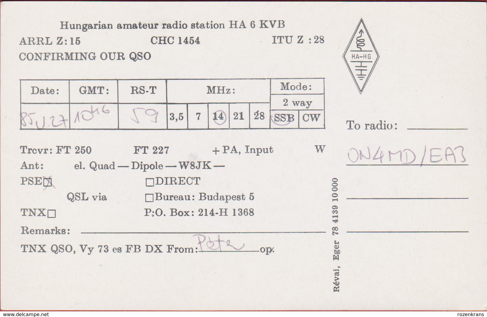 QSL Card Amateur Radio Station CB Funkkarte Hungary István Dobó Magyarország Eger - Amateurfunk