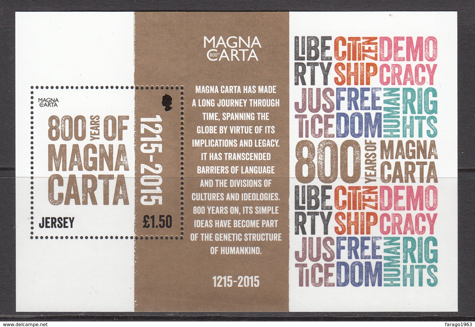 2015 Jersey Magna Carta Democracy Constitution Souvenir Sheet MNH @  WELL BELOW FACE VALUE - Jersey