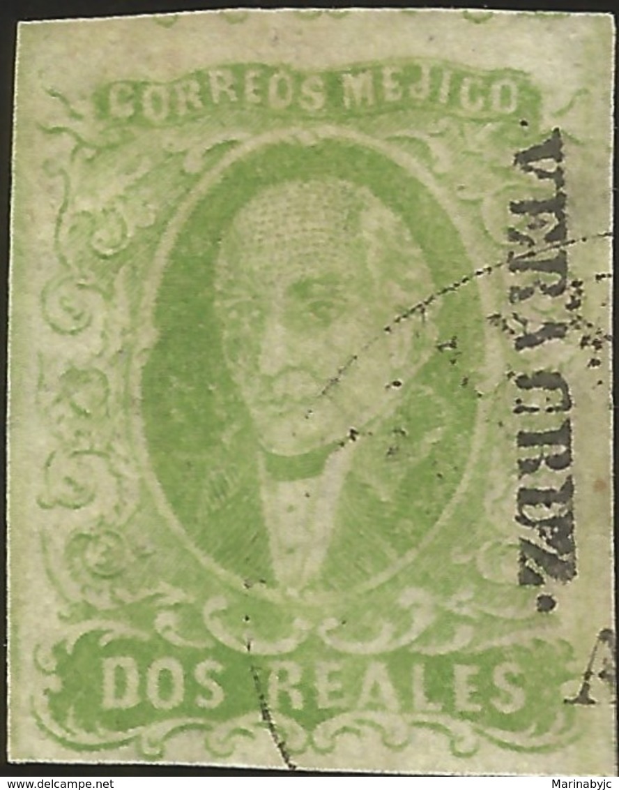 J) 1856 MEXICO, HIDALGO, 2 REALES YELLOW GREEN, VERACRUZ DISTRICT, PLATE II, MN - Mexico