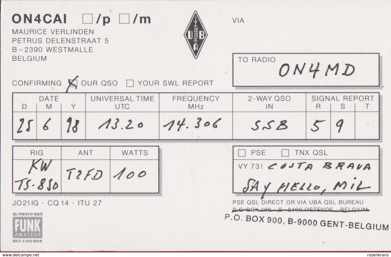 QSL Card Amateur Radio Station CB Funkkarte Belgie Brussel Bruxelles Atomium 1998 Belgium Maurice Verlinden Westmalle - Radio-amateur