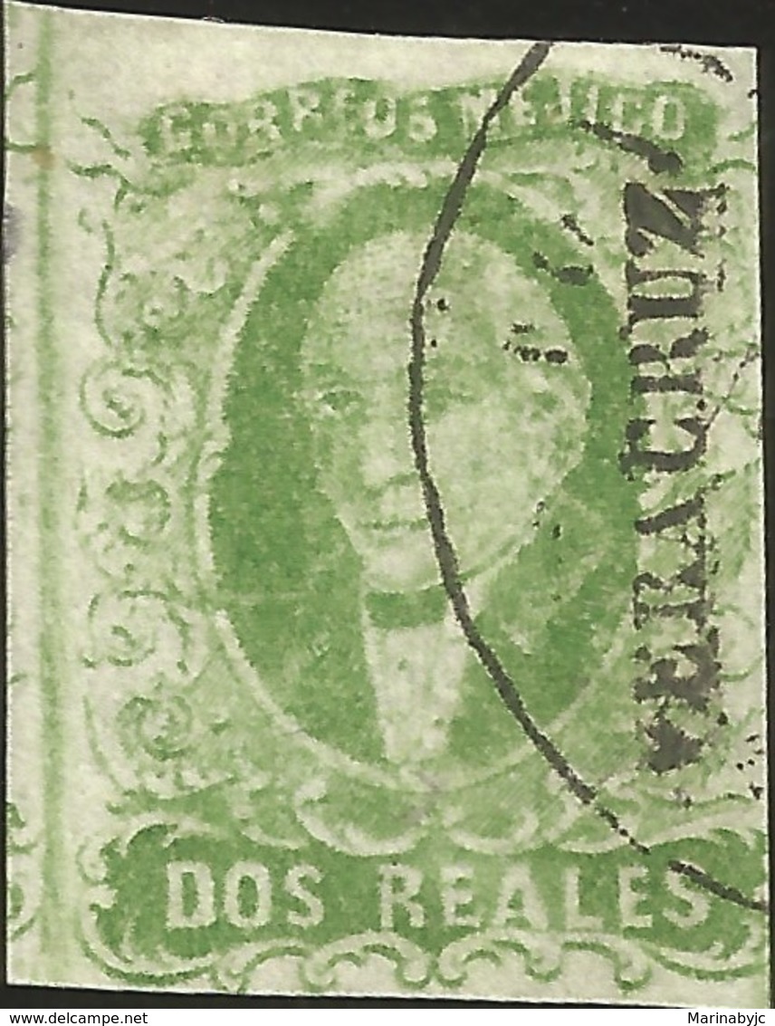 J) 1856 MEXICO, HIDALGO, 2 REALES GREEN, LEFT MARGIN VERACRUZ DISTRICT, PLATE II, MN - Mexico