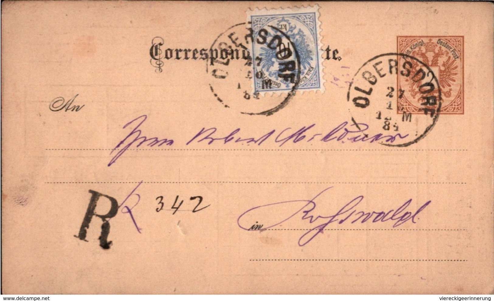 ! Schöne  Ganzsache Als Einschreiben, Olbersdorf Schlesien 1884, Eisenbahn, Registered, Correspondenz-Karte Österreich - Autres & Non Classés