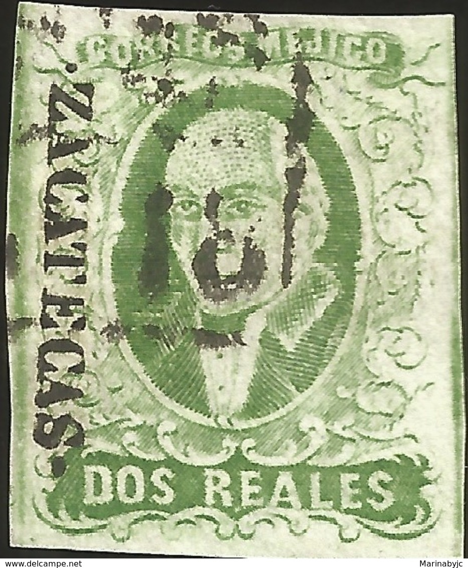 J) 1856 MEXICO, HIDALGO, 2 REALES GREEN, ZACATECAS DISTRICT, PLATE II, BLACK BOX CANCELLATION, MN - Mexico