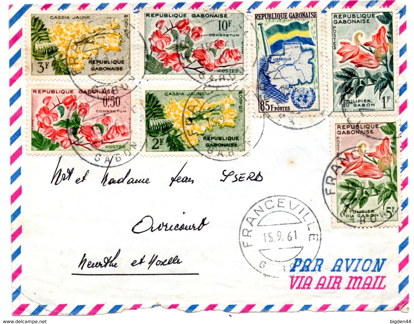 Lettre Par Avion De Franceville Gabon (15.09.1961) Pour Avricourt Cassia Tulipier Combretum - Gabon (1960-...)