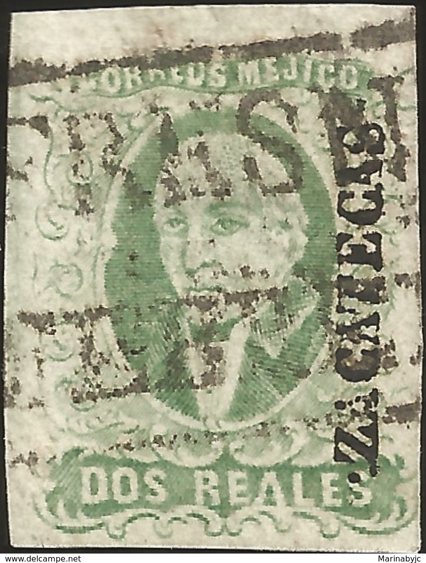 J) 1856 MEXICO, HIDALGO, 2 REALES DARK GREEN, ZACATECAS DISTRICT, PLATE II, FRESNILLO, BLACK BOX CANCELLATION, MN - Mexico