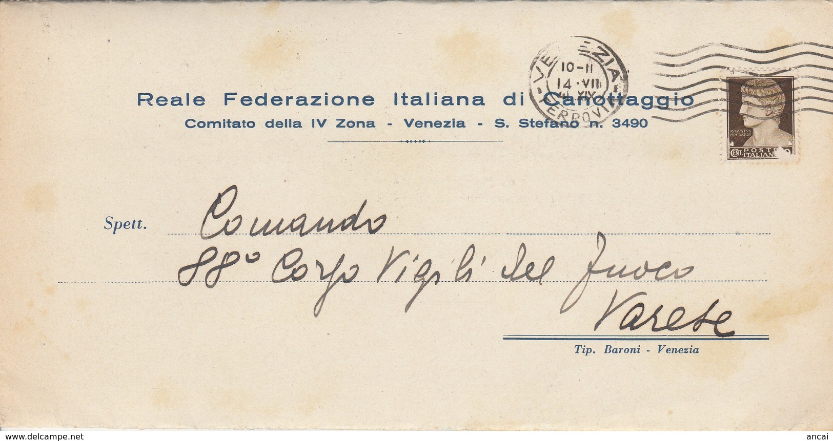 Venezia. 1941. Annullo Guller VENEZIA -FERROVIA -su Lettera REALE FEDERAZIONE ITALIANA DI CANOTTAGGIO - Storia Postale