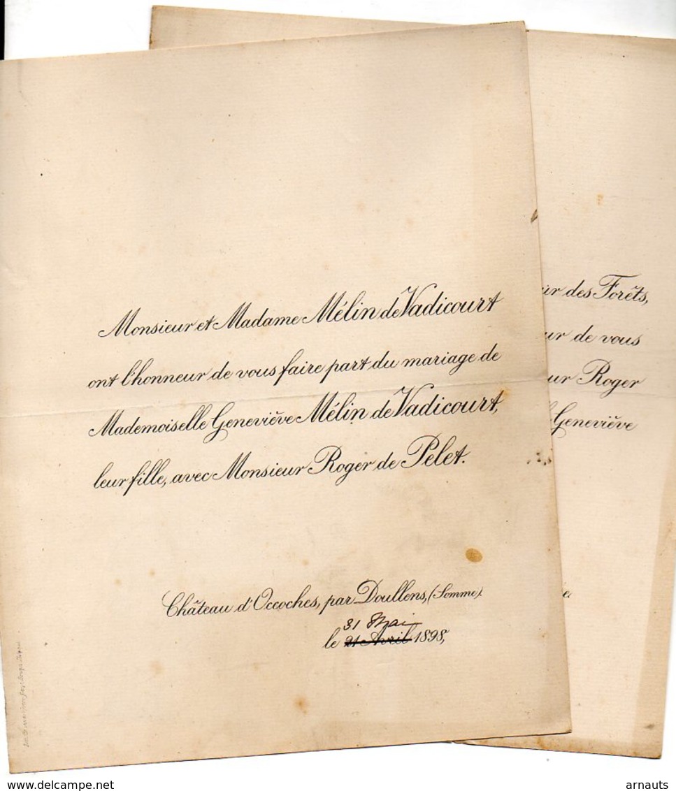 Mariage 1898 Genevieve Mélin De Vadicourt & Roger De Pelet Château D'Occoches Doullens Somme Abbeville - Wedding