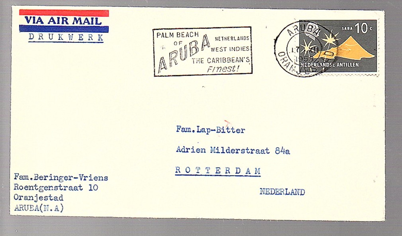 Palm Beach ARUBA 1959 Röntgenstraat Oranjestad Beringer-Vriens To Adrien Milderstraat Rotterdam (174) - Curaçao, Antille Olandesi, Aruba