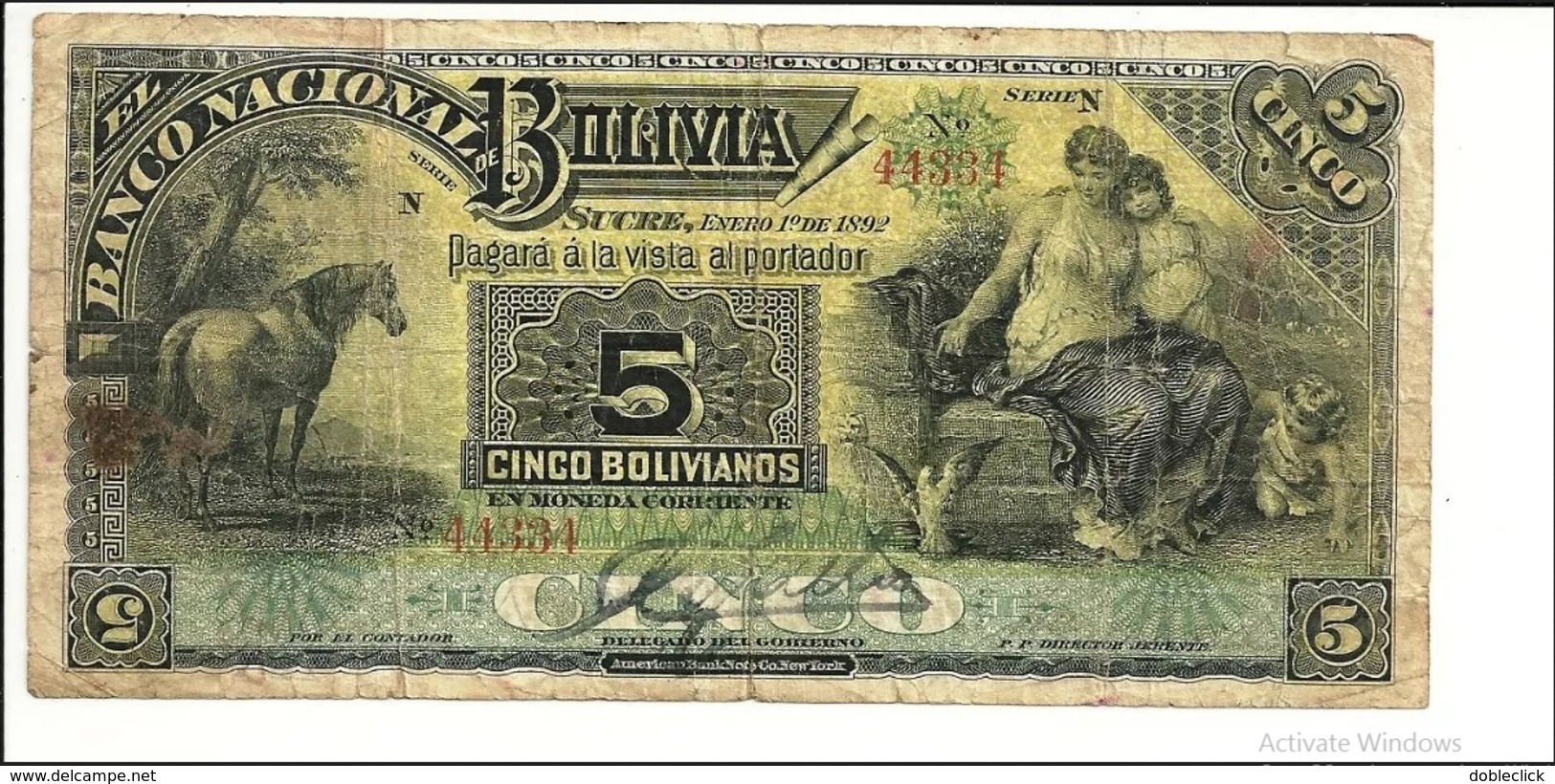 BOLIVIA - BANCO NACIONAL NOTE 5 BOLIVIANOS - 1892 - FINE - Bolivia