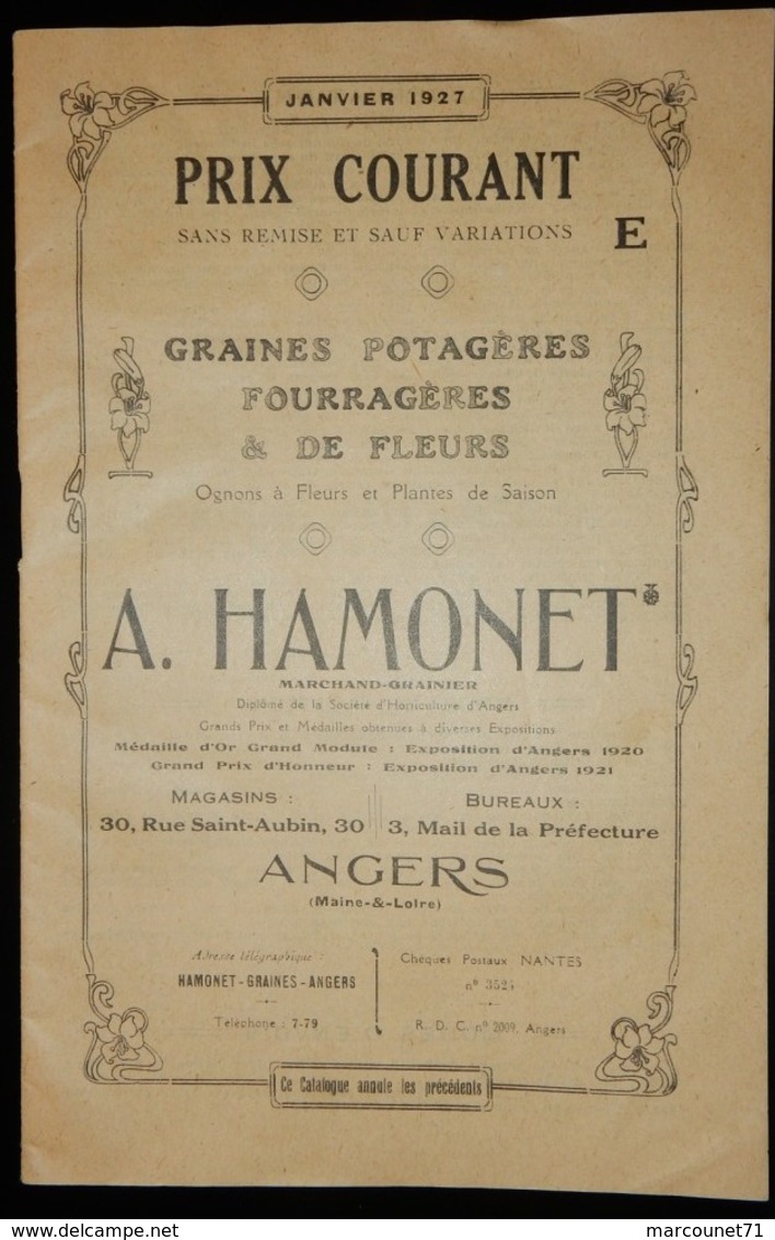CATALOGUE 1927 TARIF GRAINES POTAGÈRES FLEURS A HAMONET ANGERS - Autres & Non Classés