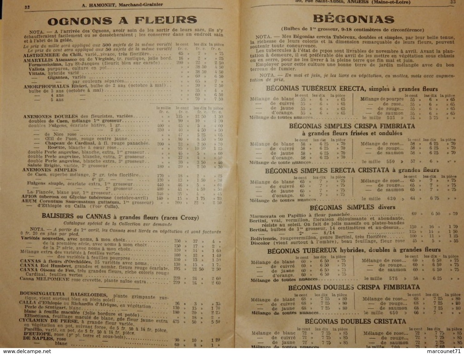 CATALOGUE 1927 TARIF GRAINES POTAGÈRES FLEURS A HAMONET ANGERS - Autres & Non Classés