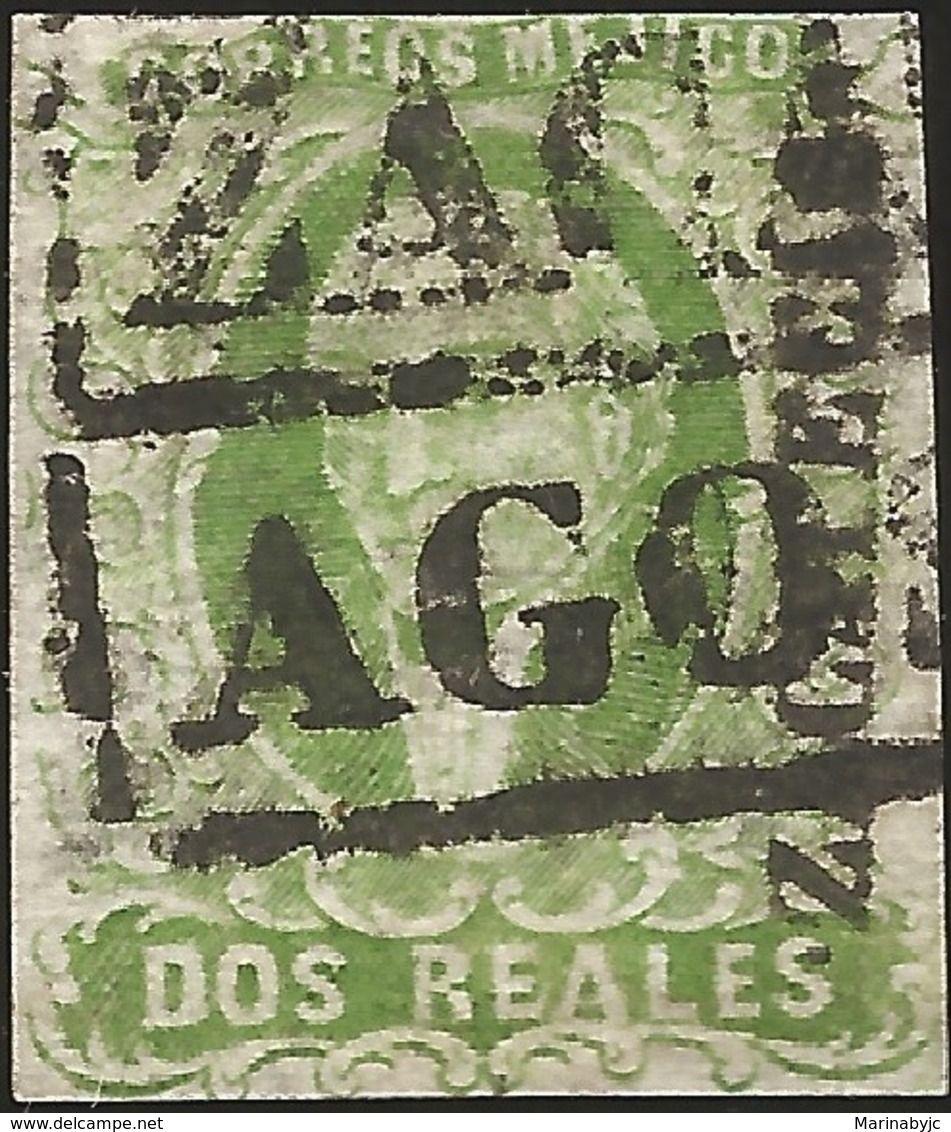 J) 1856 MEXICO, HIDALGO, 2 REALES GREEN, PLATE III, ZACATECAS DISTRICT, BLACK BOX CANCELLATION, MN - Mexico