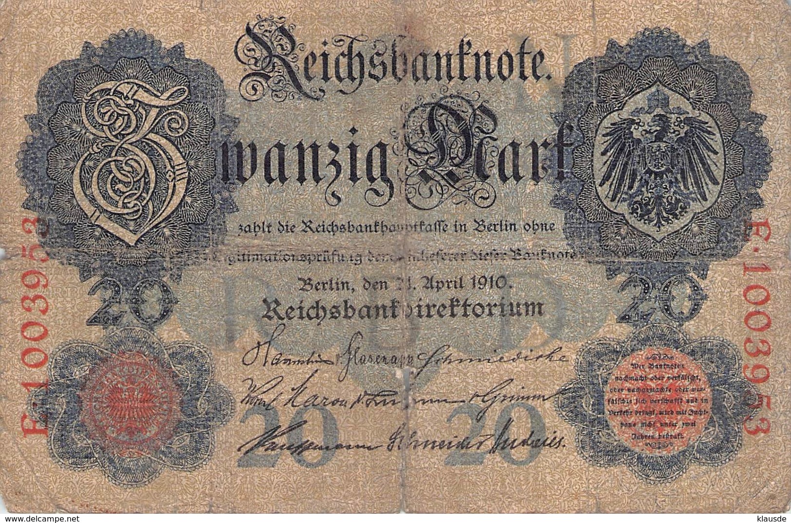 20 Mark Reichsbanknote VG/G (IV) - 20 Mark