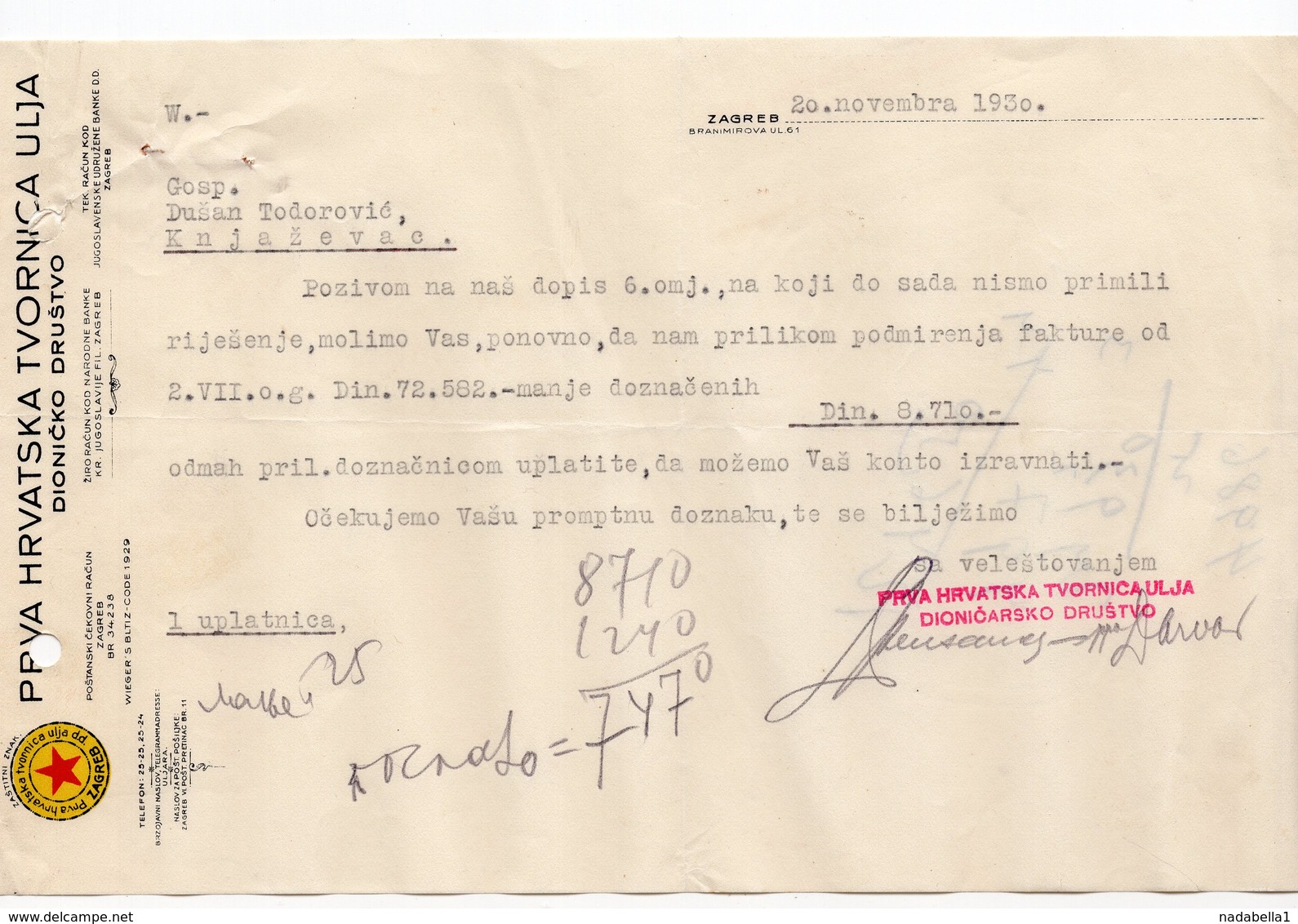 1930 YUGOSLAVIA, CROATIA, ZAGREB, FIRST CROATIAN OIL FACTORY PLC,  INQUIRY ON LETTERHEAD - Other & Unclassified