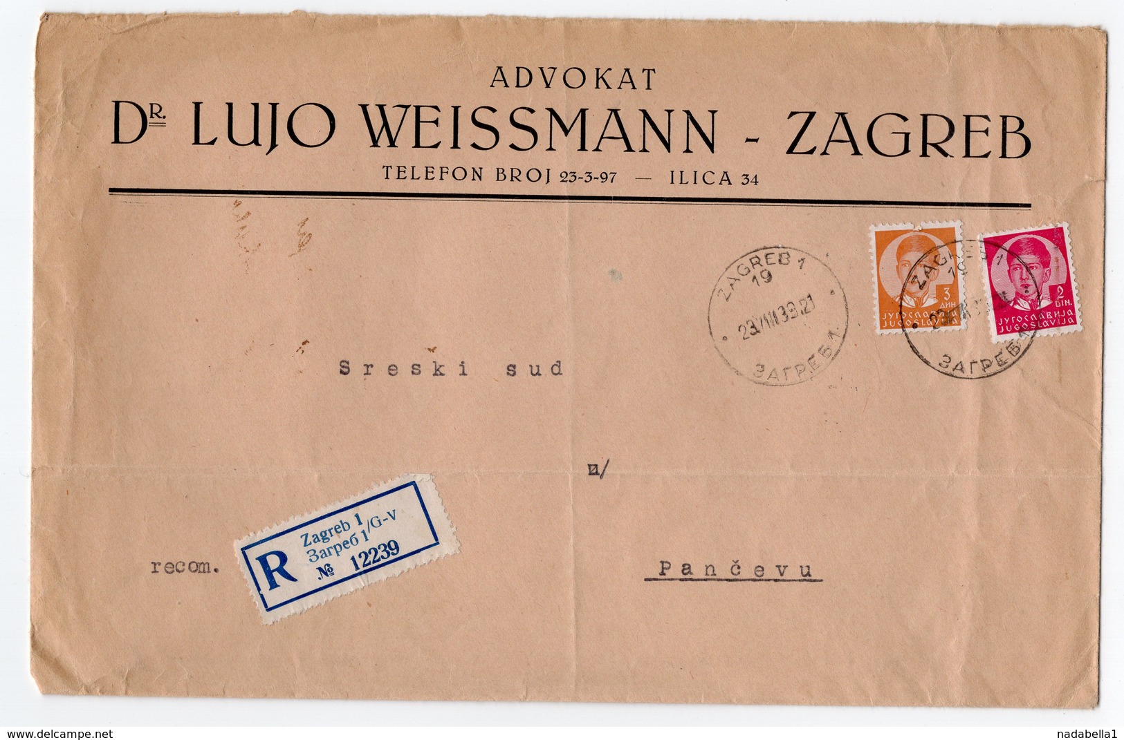 1939 YUGOSLAVIA, CROATIA, ZAGREB TO PANCEVO, SERBIA, COMPANY'S HEAD COVER, POSTER STAMP, RECORDED MAIL - Covers & Documents