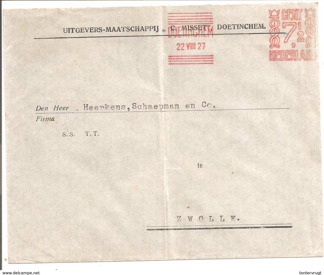 Frankeermachine 7,5 Cent No.9 Misset Doetinchem 22.VIII.27 - Frankeermachines (EMA)