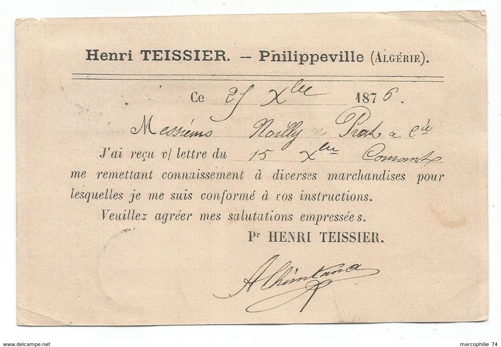 SAGE 15C GRIS CARTE PRECUREUR REPIQUAGE HENRI TEISSIER PHILIPPEVILLE ALGERIE 1876 POUR MARSEILLE - 1849-1876: Période Classique