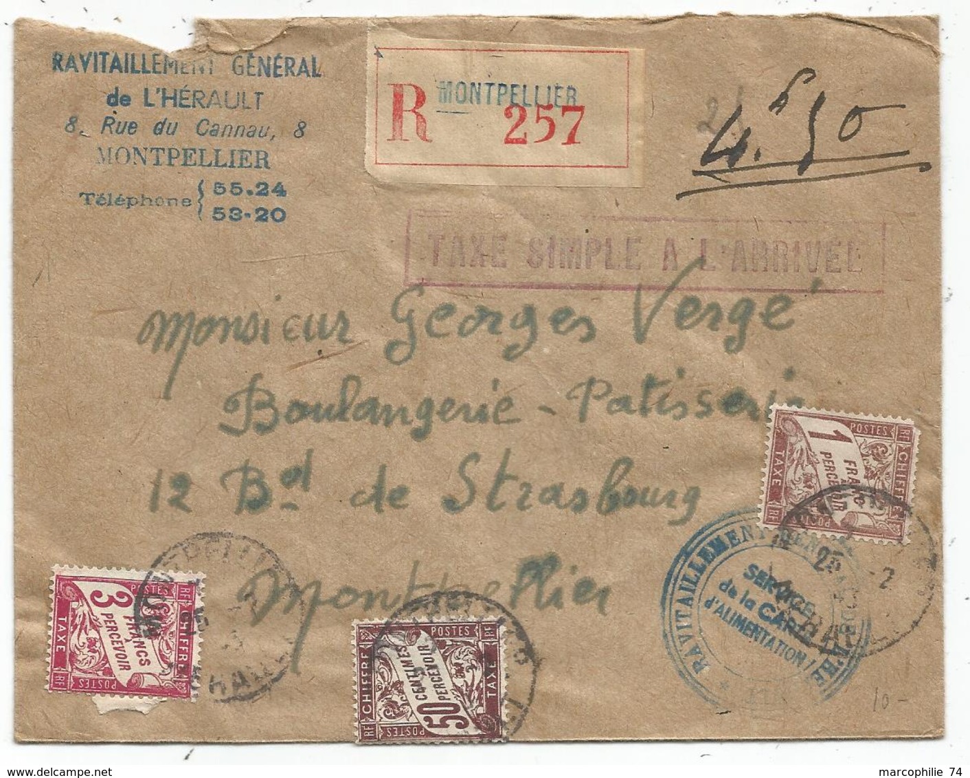 TAXE 3FR+50C+1FR MONTPELLIER 1942 LETTRE RECOMMANDEE TAXE SIMPLE RARE - 1859-1959 Lettres & Documents