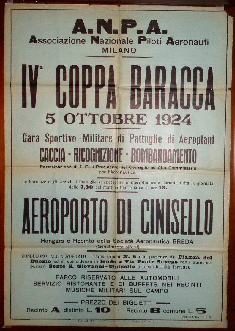 ECCEZIONALE-AERONAUTICA_MANIFESTO ORIGINALE IV COPPA BARACCA_5/10/1924_CINISELLO AEROPORTO BREDA (A3/5/36) - Plakate