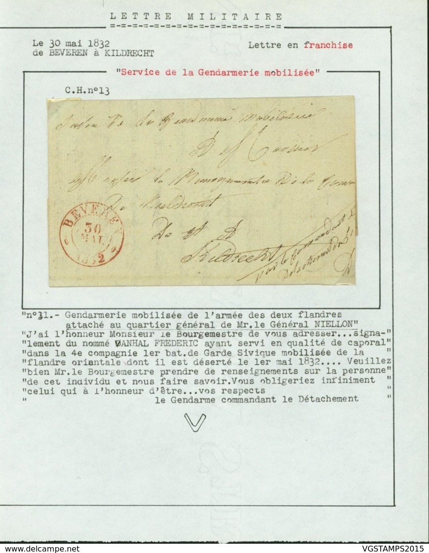 BELGIQUE LETTRE DE BEVEREN 30/05/1832 SERVICE DE LA GENDARMERIE DE L ARMEE DES DEUX FLANDRES (DD) DC-3619 - 1830-1849 (Belgique Indépendante)