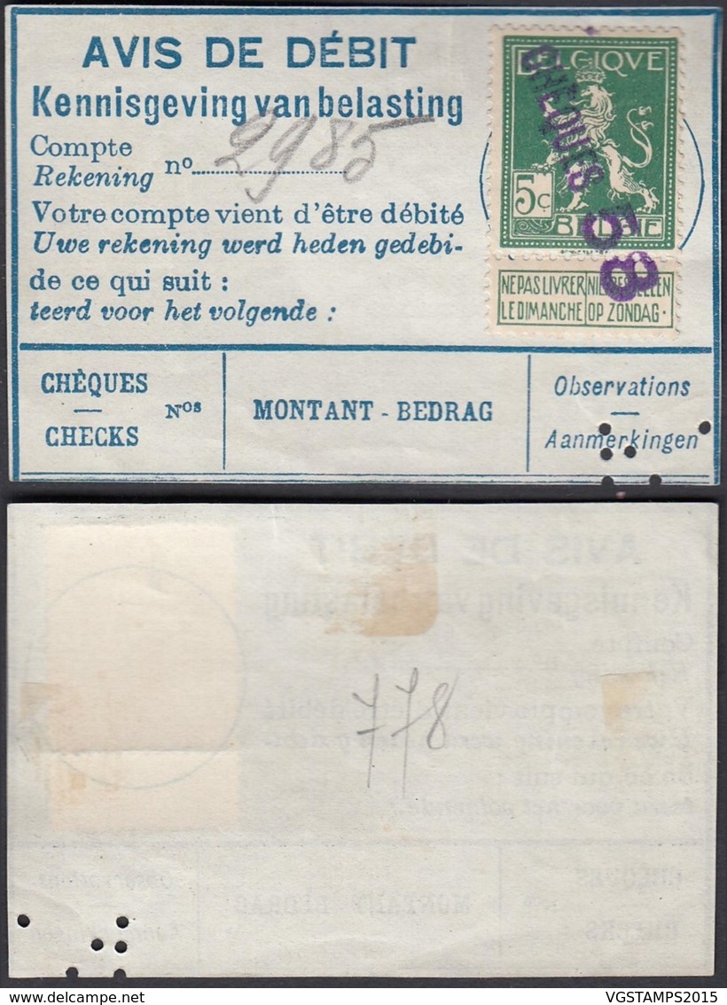 BELGIQUE COB 110 SUR AVIS DE DEBIT ANNULE PAR GRIFFE "CHEQUES 58" (DD) DC-3621 - 1912 Pellens