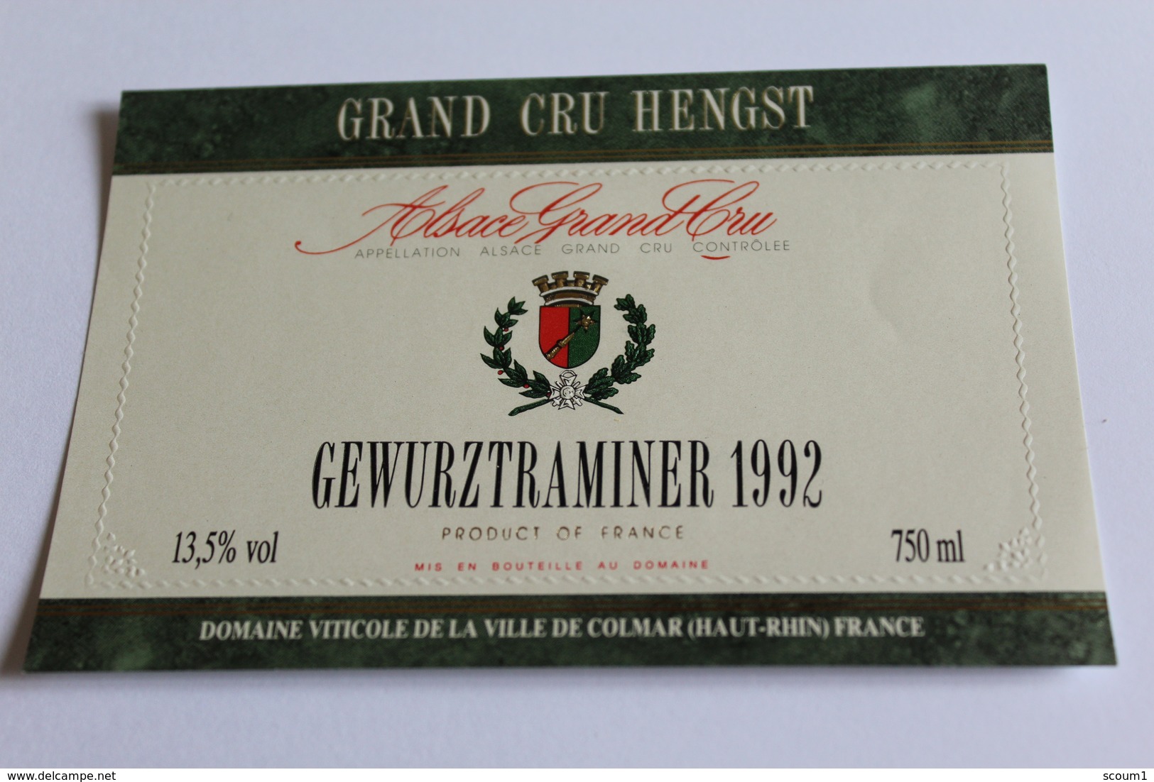 Etiquette De Vin Neuve Jamais Servie GEWURZTRAMINER   1992 ALSACE GRAND CRU Domaine De La Ville De Colmar - Gewurztraminer