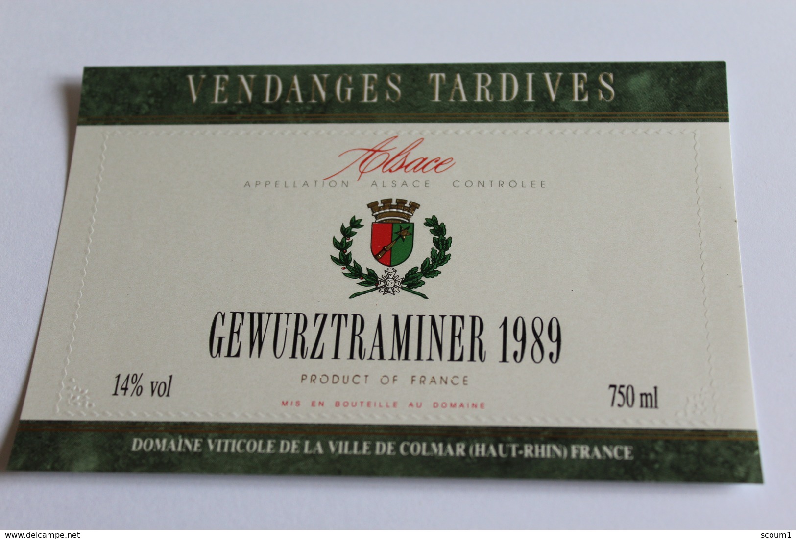 Etiquette De Vin Neuve Jamais Servie GEWURZTRAMINER   1989  VENDANGES TARDIVES  Domaine De La Ville De Colmar - Gewurztraminer