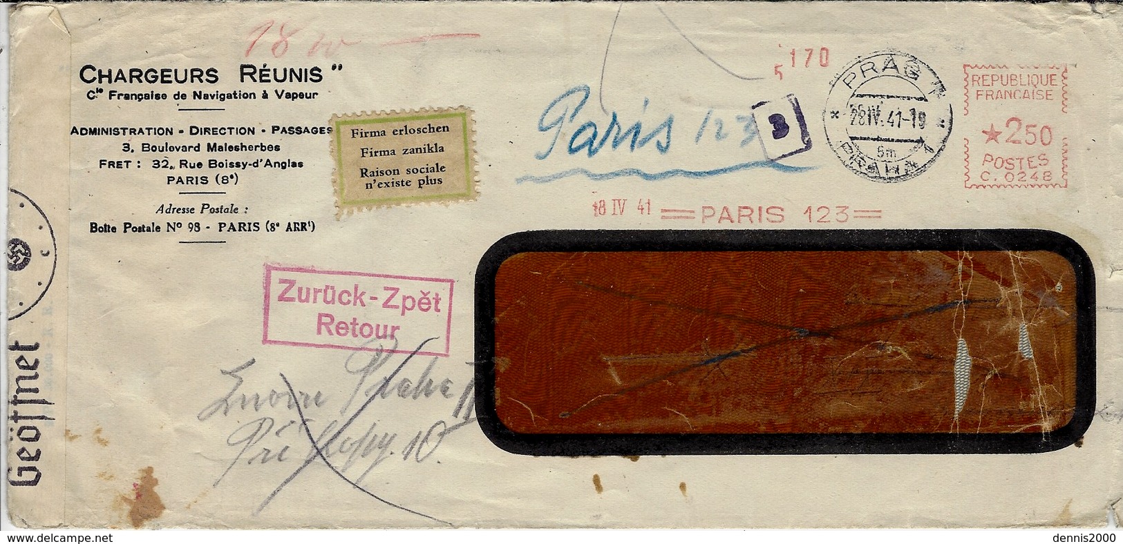 1941- Env. De Paris 123 Pour Prague  Avec Retour Et étiquette  Trilingue  " Raison Sociale N'existe Plus  " - Guerre De 1939-45