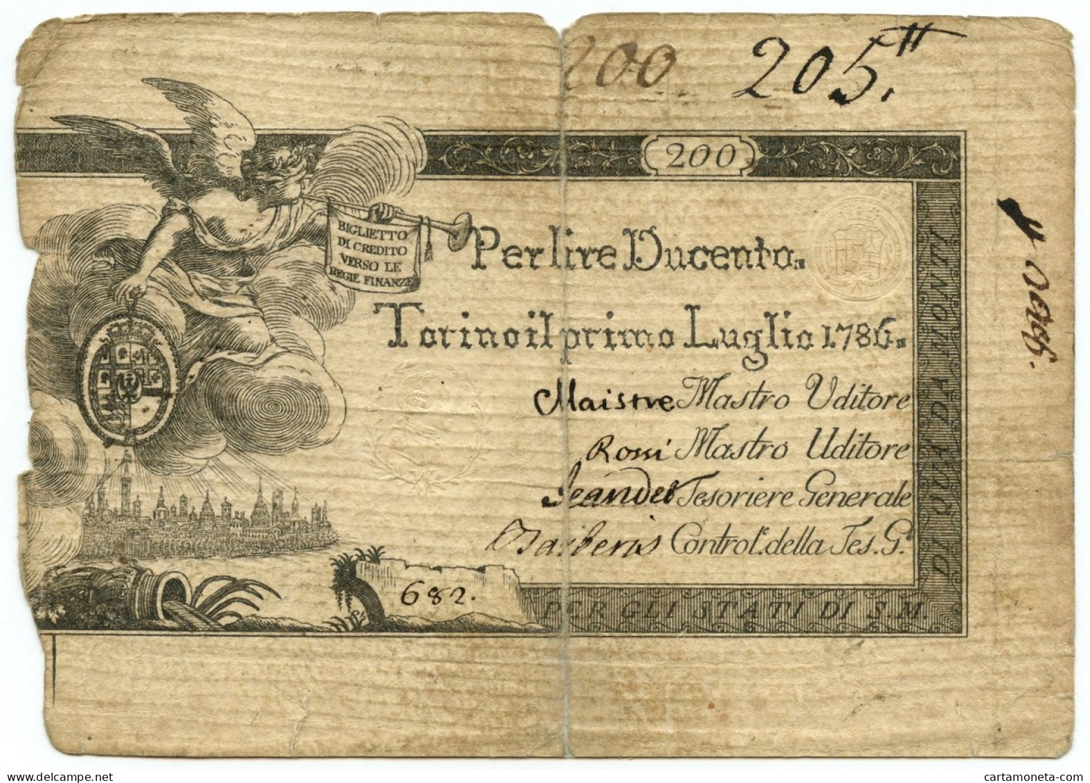 200 LIRE REGIE FINANZE TORINO REGNO DI SARDEGNA 01/07/1786 MB/BB - Altri & Non Classificati