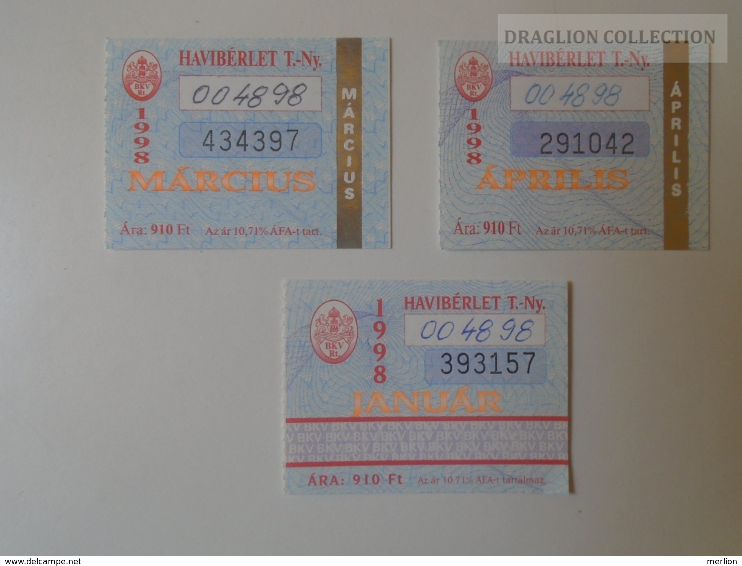 D164513 Hungary BKV  Lot Of 3 Monthly Ticket 1998 -Budapest Bus HÉV Tram  Metro - Europa