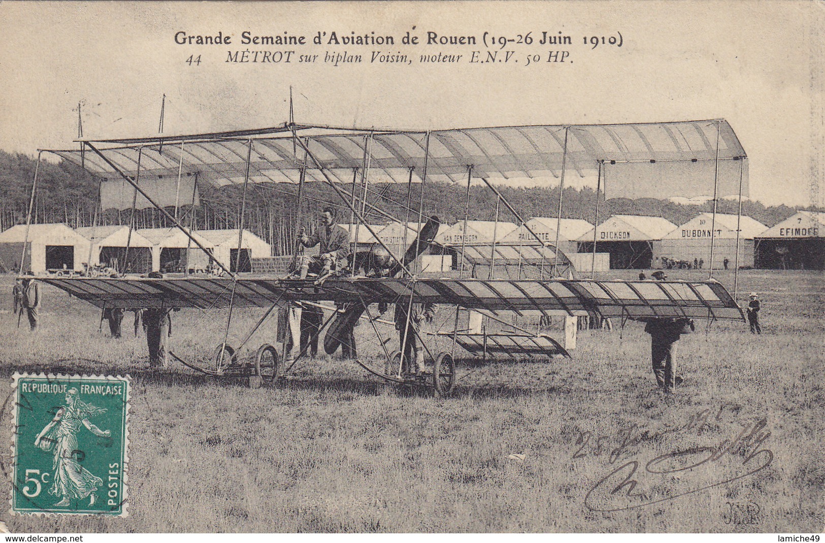 Grande Semaine D’aviation De ROUEN (19-26 Juin 1910) METROT Sur Biplan Voisin, Moteur ENV 50 HP ( Avion HANGAR ) Circulé - Aviateurs