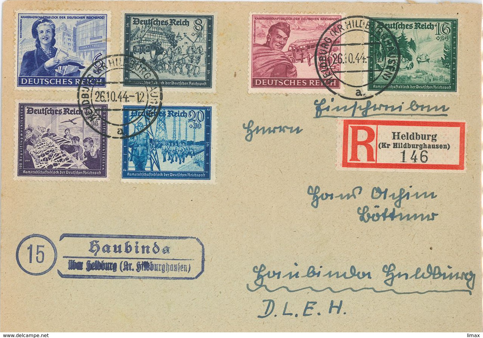 Heldburg Hildburghausen Kameradschaftsblock Reichspost R-Brief Haubinda 1944 - Cartas & Documentos
